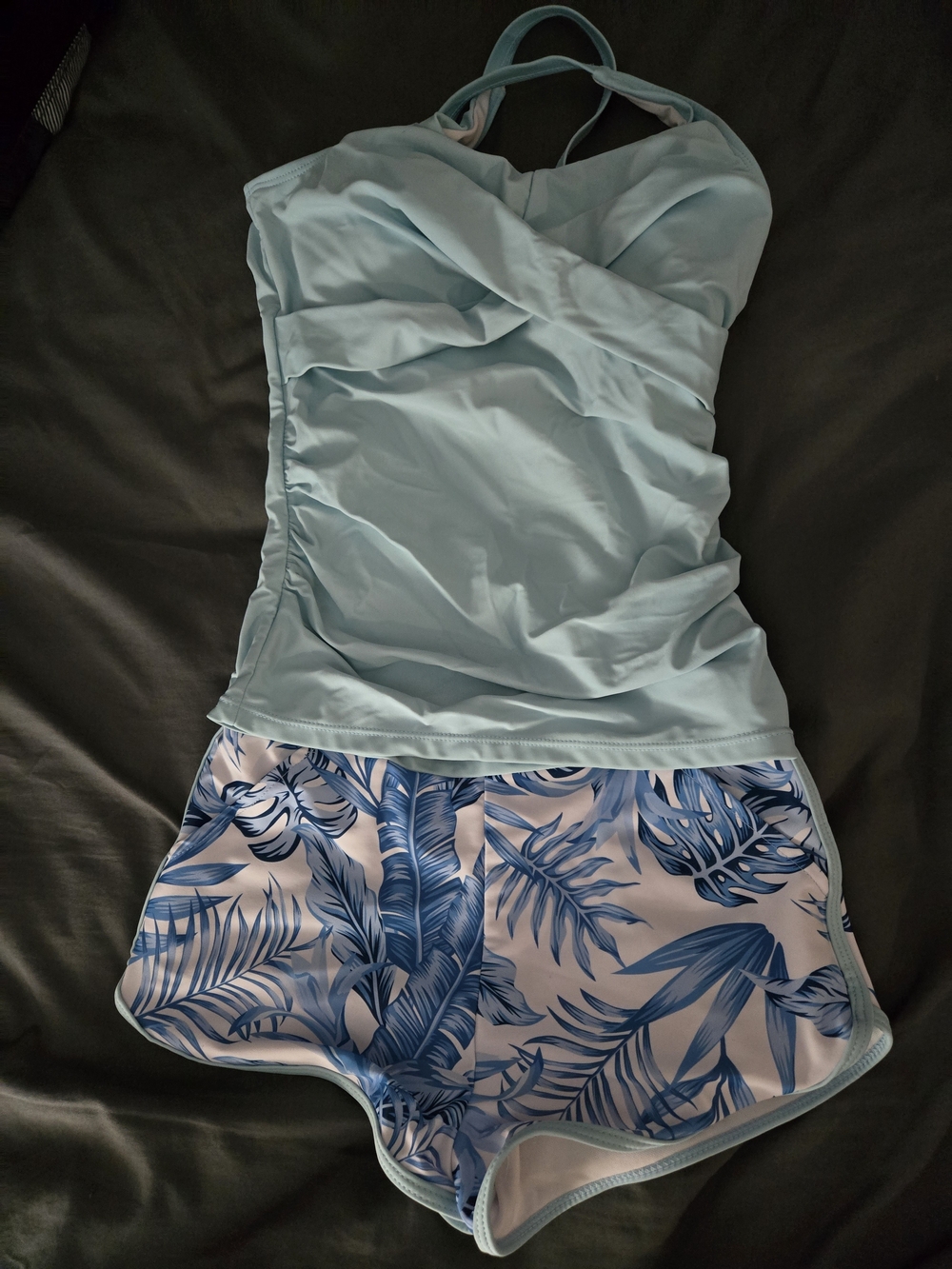 Donwen Girls Size 12/14 Light Blue Tankini Swim Top & Tropical Swim Shorts #0004
